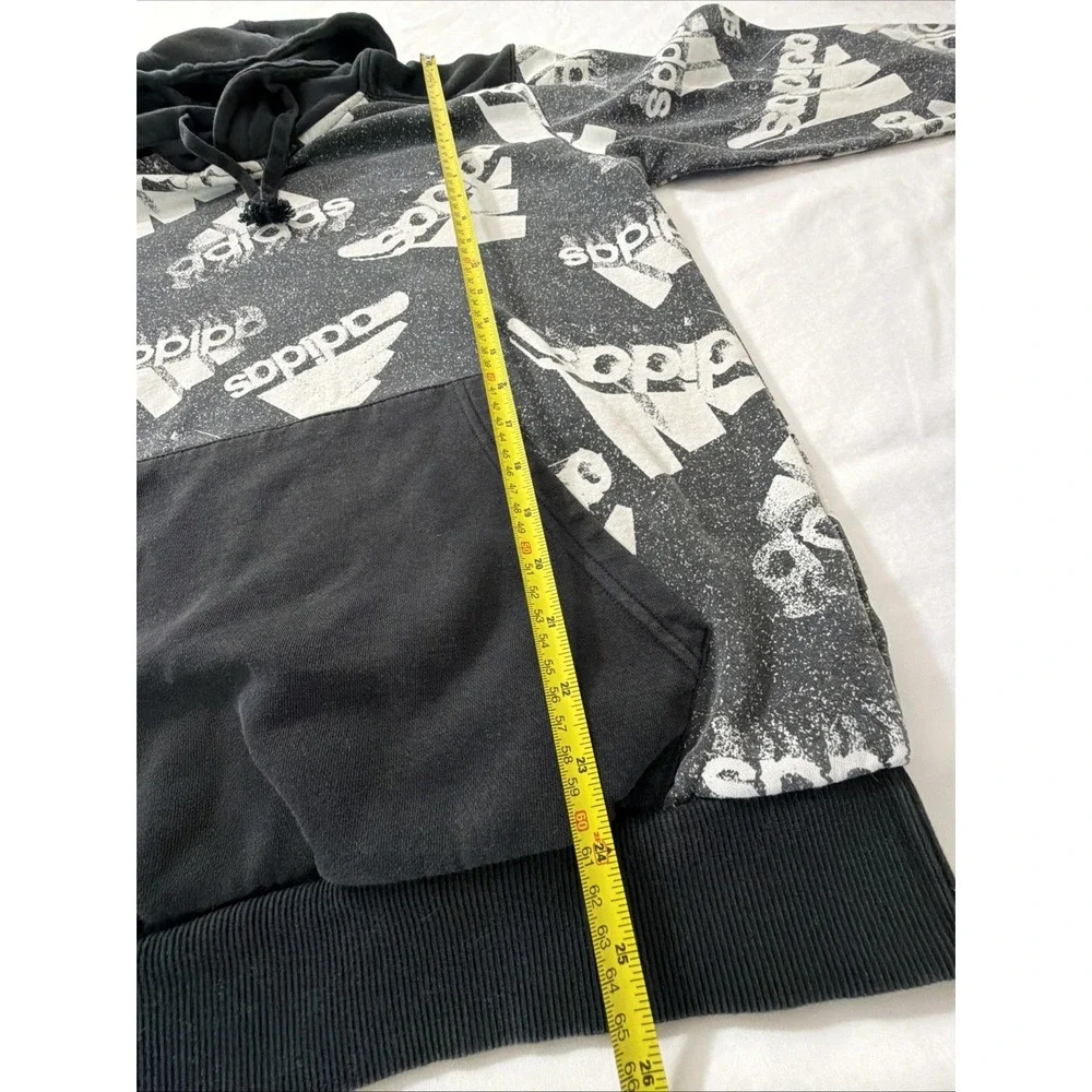 Adidas Mens All Over Logo Print Hoodie Black White Distressed Graphic Sweatshirt